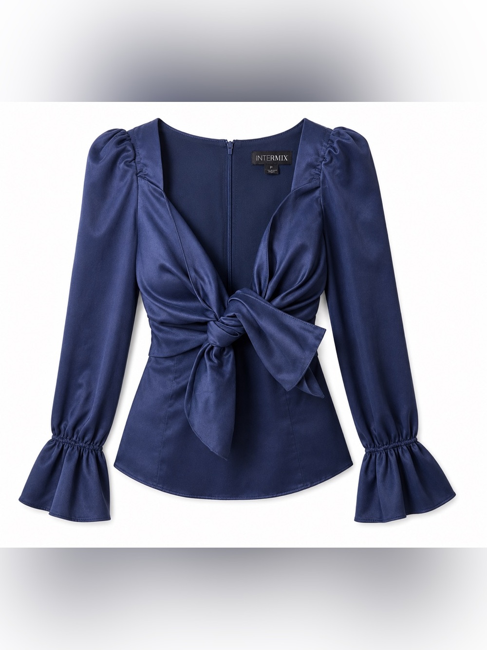 Intermix‎ Satin Bow Blouse Coquette Balletcore Quiet Luxury Navy Puff Sleeve XS